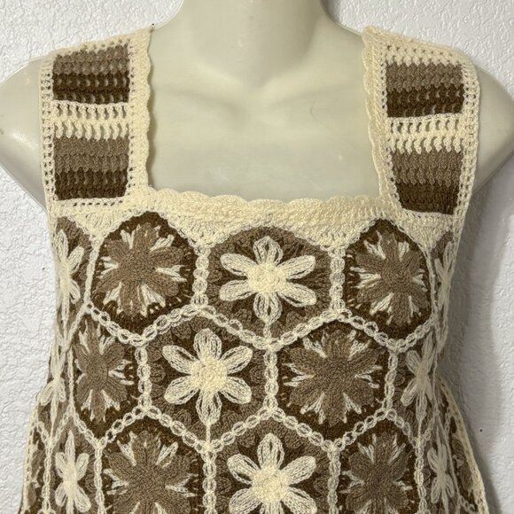 Granny Square Crochet Tank Top Brown Cream Y2K Boho Size S - Picture 5 of 10